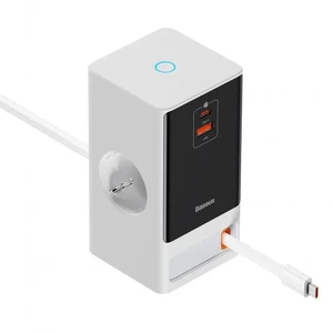 Мережевий зарядний пристрій Baseus PowerCombo Digital Power Strip White 65W + USB + USB Type-C + вбудований кабель - Фото 2