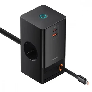 Мережевий зарядний пристрій Baseus PowerCombo Digital Power Strip Black 65W + USB + USB Type-C + вбудований кабель - Фото 2