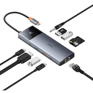 Багатофункціональний хаб 10в1 Baseus Metal Gleam Series II з роз'ємами HDMI 4K, USB-C, USB-A, кардридером SD/TF, AUX 3.5, 100W PD для iPad | MacBook Pro/Air BS-OH084 - Фото 1