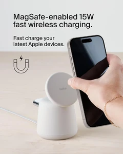 Док-станція Belkin 2-in-1 MagSafe Wireless Charging Dock 15W Fast Charge iPhone Charger Compatible with iPhone 17, 16, 15, 14, and 13 Series, AirPods, and Other MagSafe Enabled Devices, Includes Power Supply - Sand - Фото 3