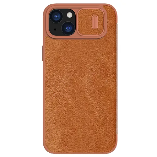 Кожаный чехол-книжка со шторкой для камеры Nillkin Qin Pro Leather Brown для iPhone 15 Plus в Николаеве