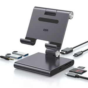 Алюминиевая регулируемая (складная) подставка с хабом USB-C PD для iPad, HDMI 4K, microSD и SD | ESR 8-in-1 Portable Stand Hub Grey - Фото 2
