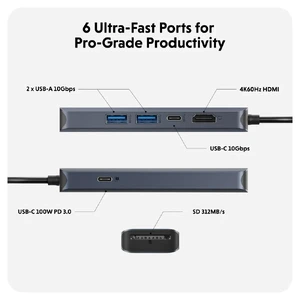 Хаб 6в1 HyperDrive Next Dual з подвійним роз'ємом USB-A, HDMI 4K, кардридером SD, USB-C, 100W PD для MacBook Pro/Air | Windows - Фото 6