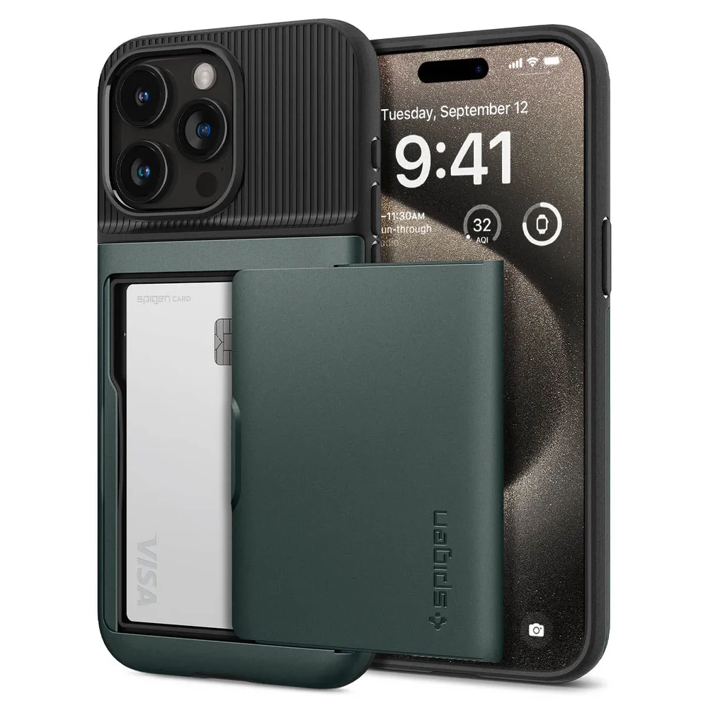 Противоударный чехол-кошелек Spigen Slim Armor CS Abyss Green для iPhone 15 Pro Max