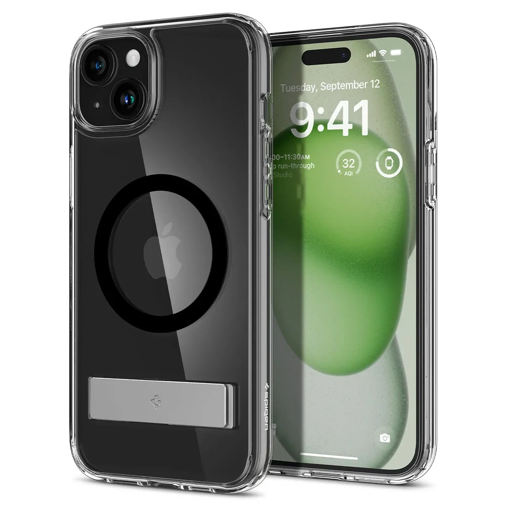 Прозрачный чехол с подставкой Spigen Ultra Hybrid S (MagFit) Black для iPhone 15 Plus