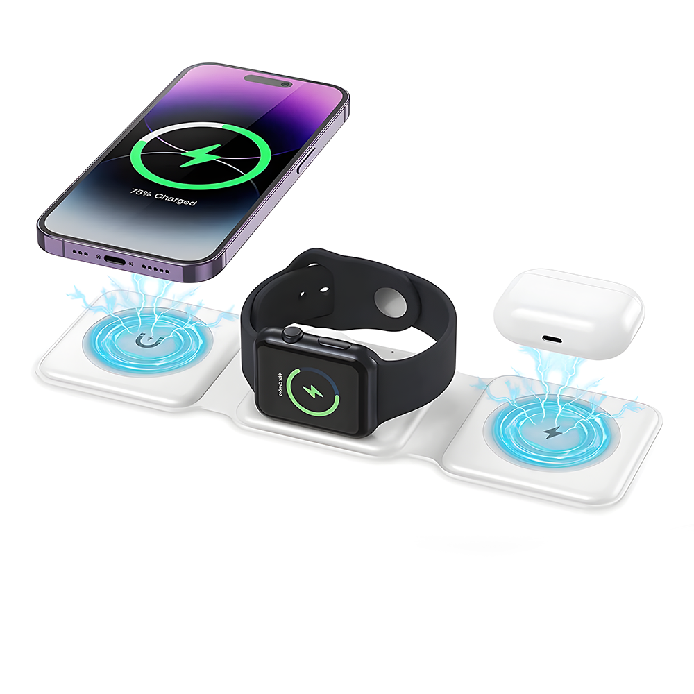 Беспроводная док-станция 3 в 1 для iPhone 14/13/12, Apple Watch, AirPods с быстрой зарядкой 15W | iLoungeMax MagSafe Three Charge White