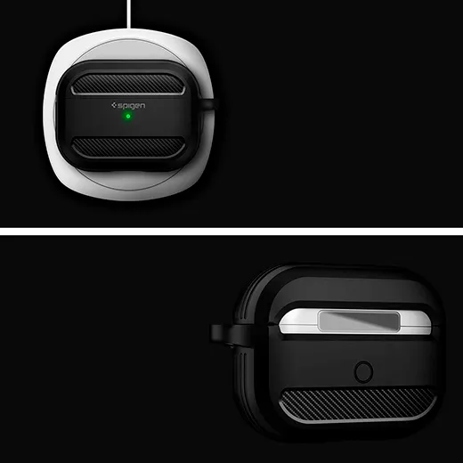 Противоударный чехол с карабином Spigen Rugged Armor Matte Black для AirPods Pro 2 с дополнительными аксессуарами